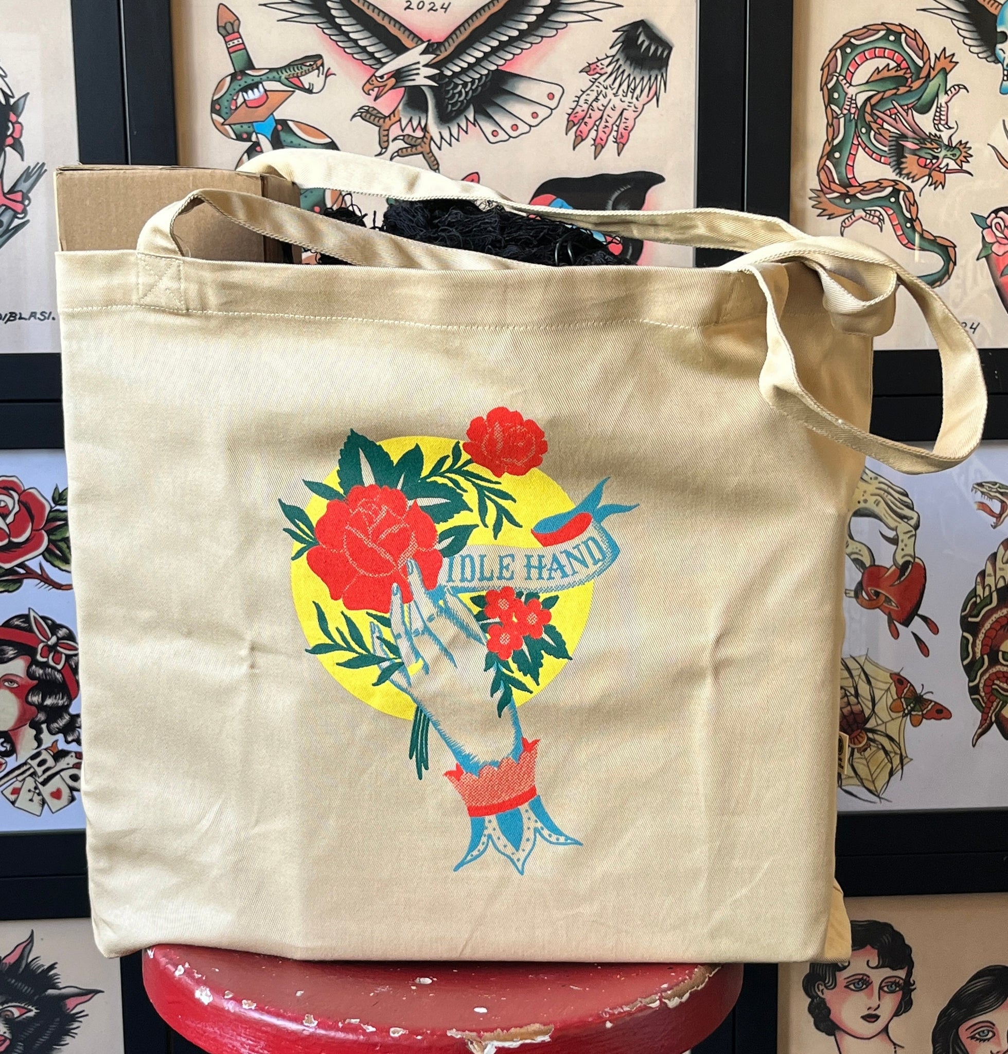Idle Hand and Flowers Large Twill Tote Bag