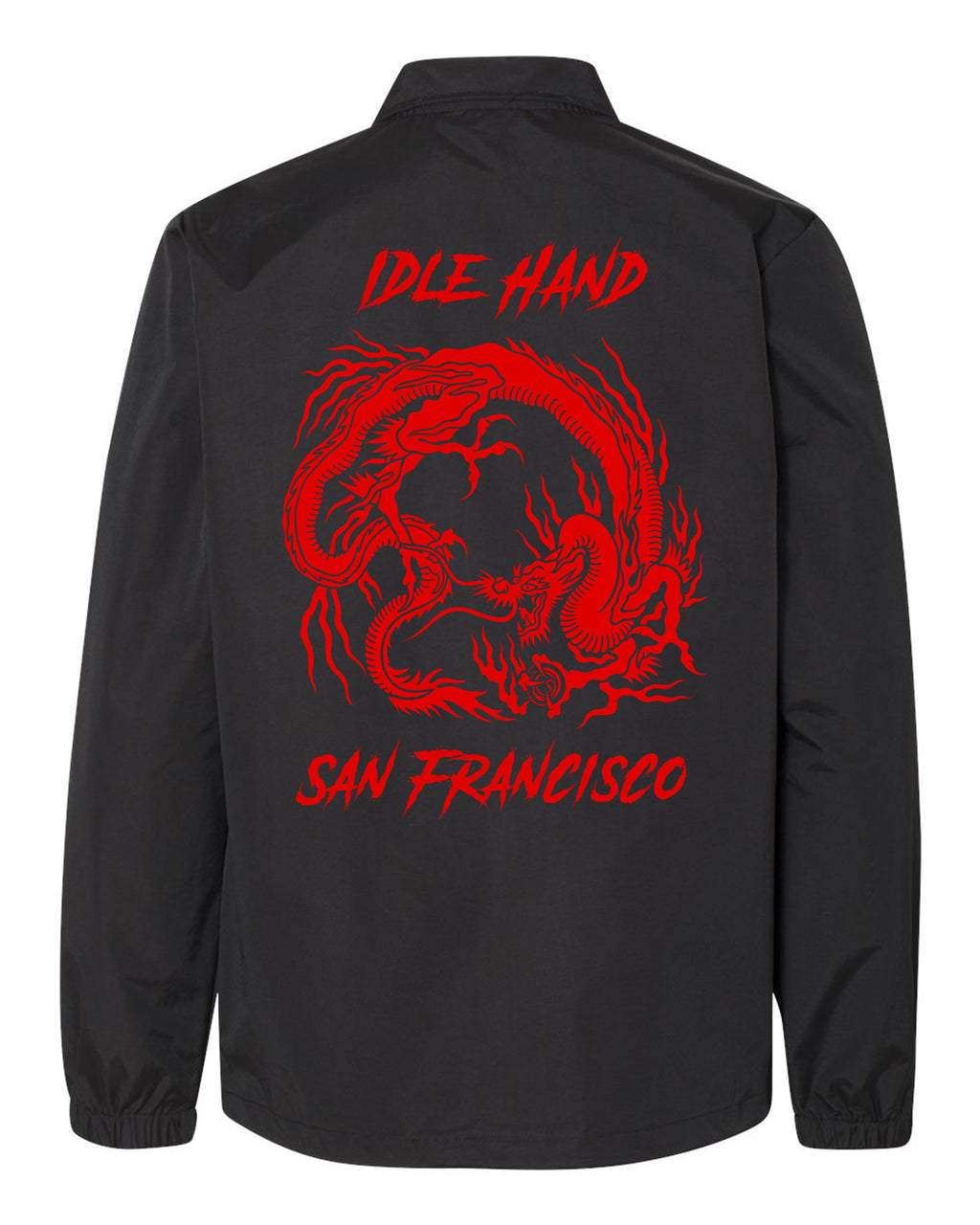 Back of Idle Hand Coaches jacket with Red Dragon design and the words Idle Hand at the top, San Francisco at the bottom.