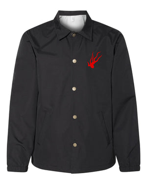 Front of Idle Hand Coaches Jacket with red fireball printed on the front.